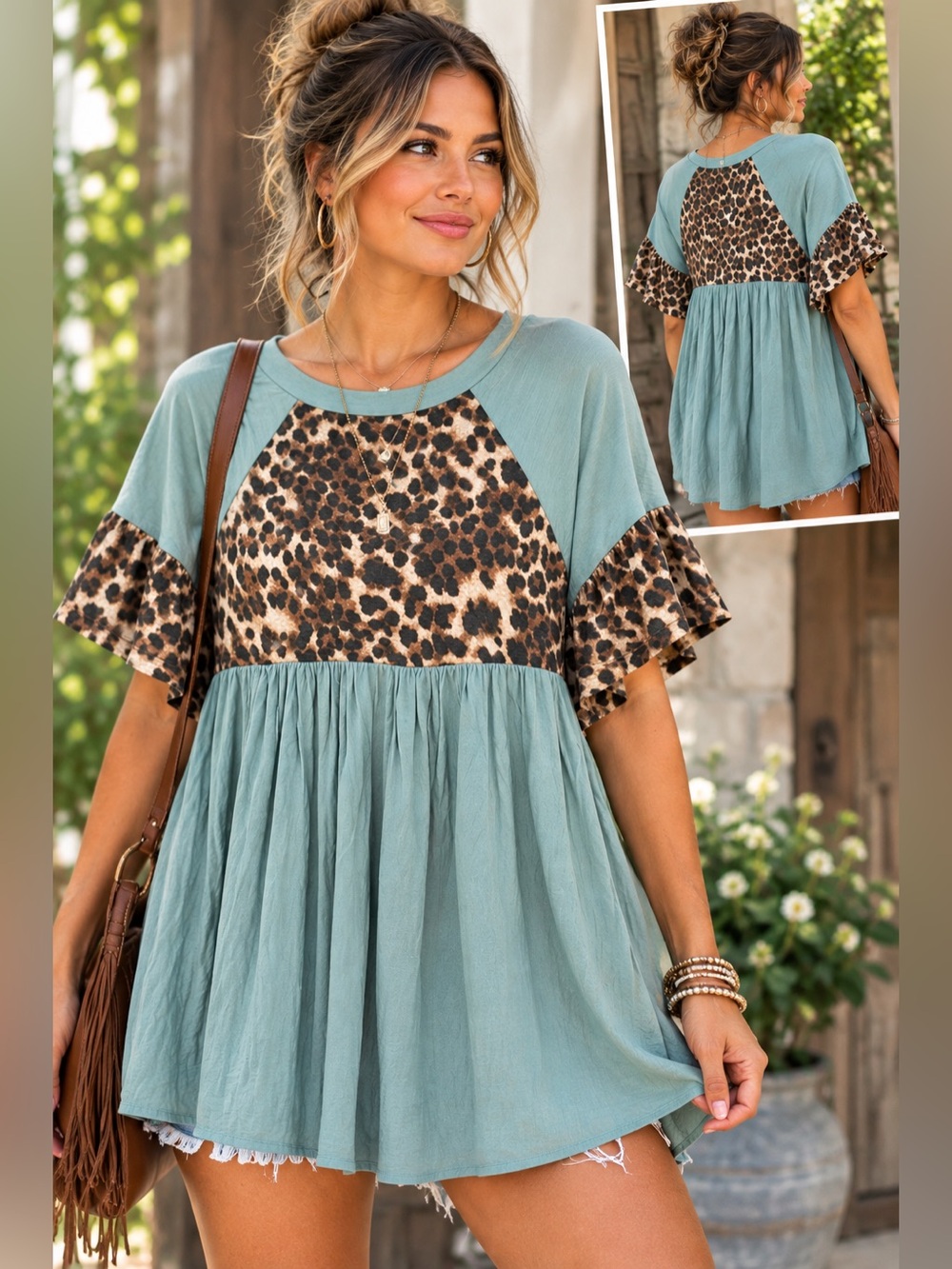 Emerald Babydoll Boho Cheetah Print Flowy Sage Green Ruffle Sleeve Women’s Top